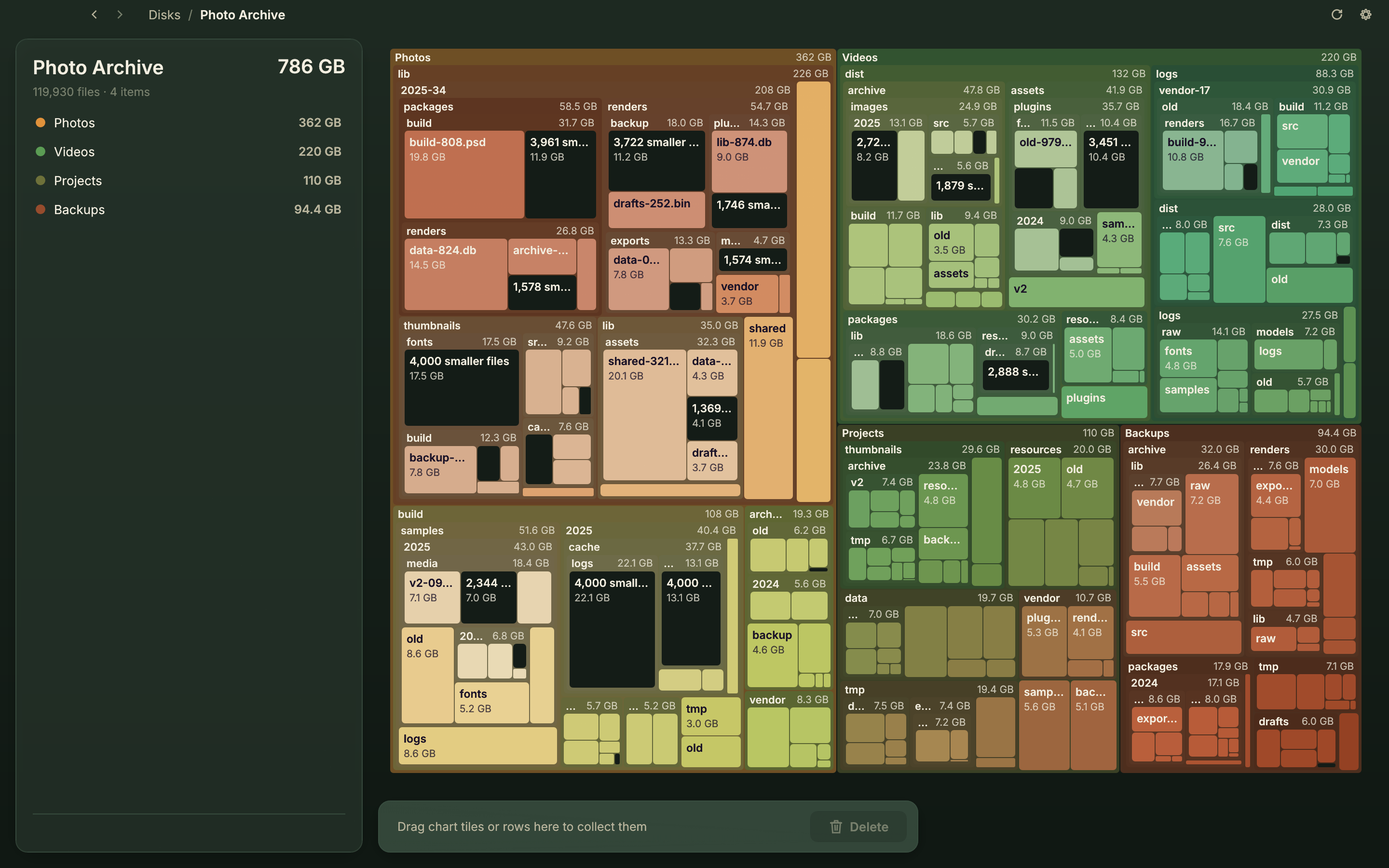 Disk Pro showing a treemap storage analysis and a left-hand folder list